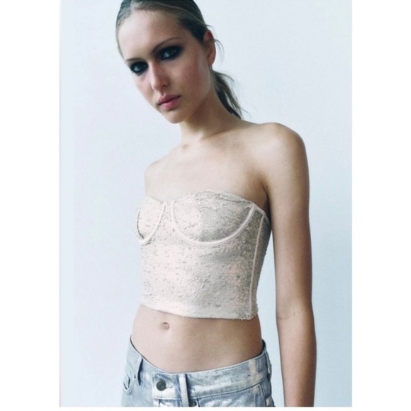 New NWT Zara Sequin Bustier Corset Top in Champagne size Medium - Picture 5 of 8